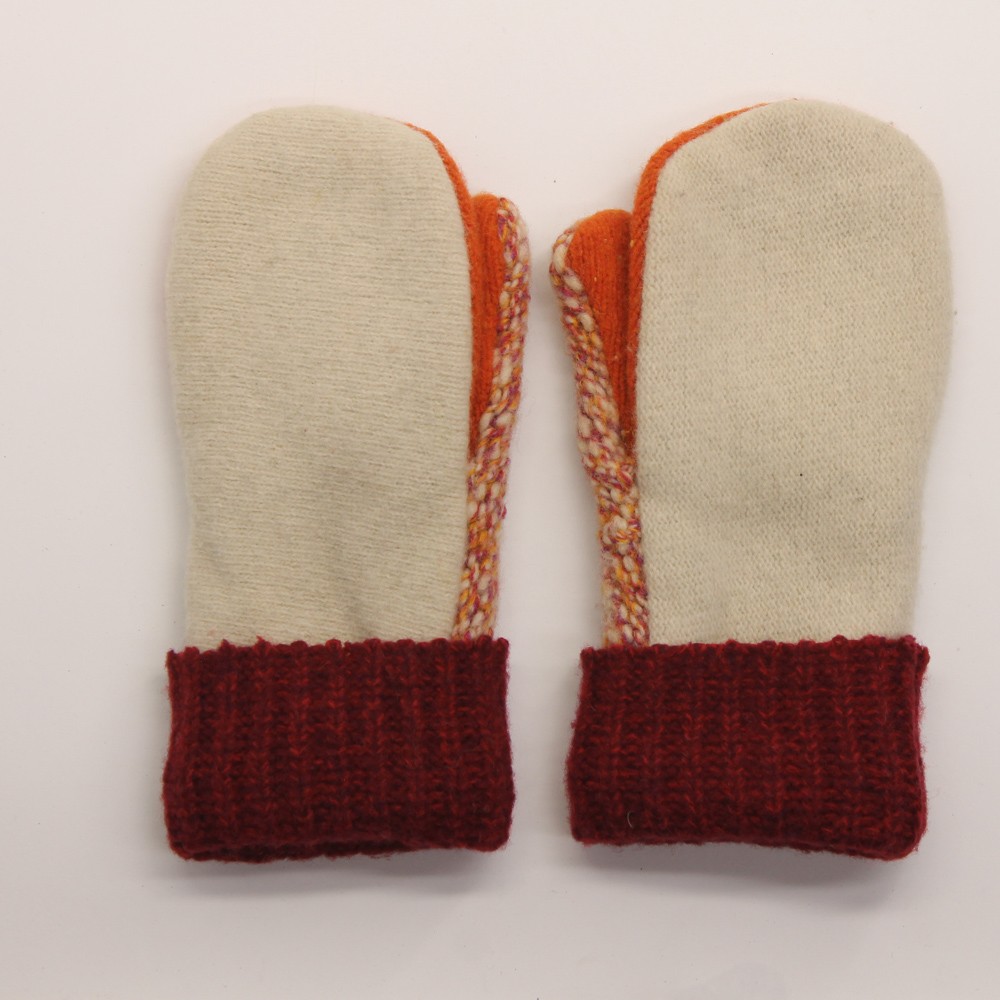 Beige Orange Palm Red Cuff Upcycle Winter Mitten Fleece Lined
