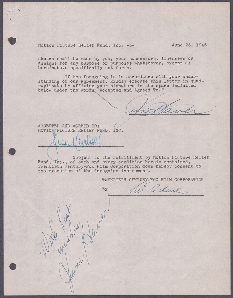 JUNE HAVER - DOCUMENT DOUBLE SIGNED 06/26/1946