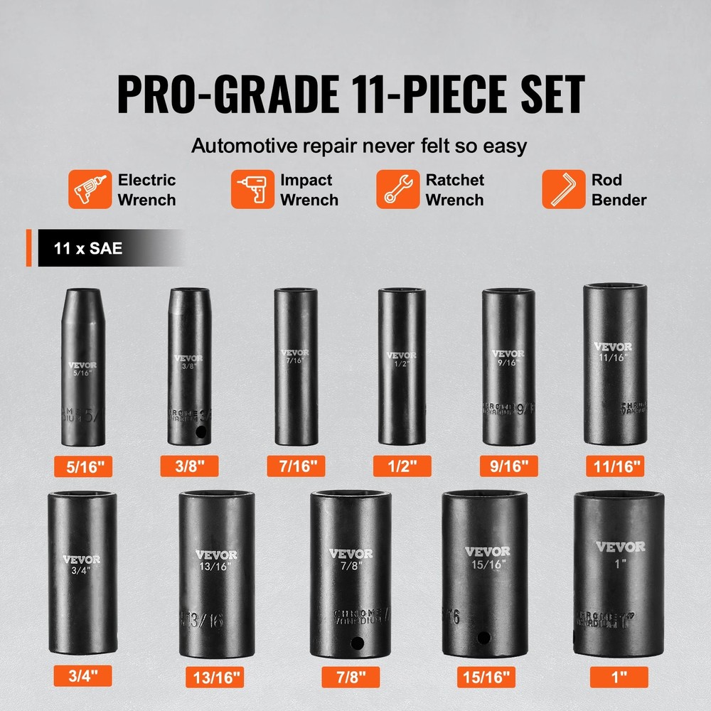 3/8" Drive Impact Socket Set 11 Piece Deep Socket Set SAE 5/16"-1" 6 Point