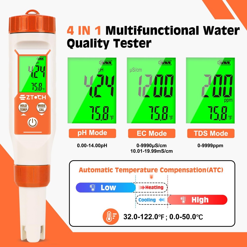 4 in 1 pH EC TDS Meter for Water Hydroponic with Calibration Solution,...