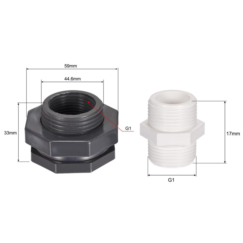 1 Set G1 Thread PVC Bulkhead Tank Adapter with Threaded Pipe Fitting