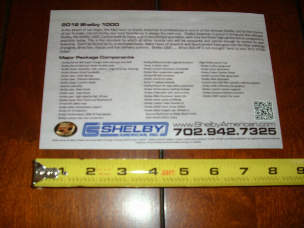 2012 SHELBY 1000 MUSTANG - DOUBLE SIDED SALES SHEET / BROCHURE