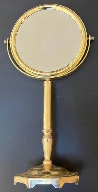 Tall Double Sided Pedestal Table Top Brass Mirror.