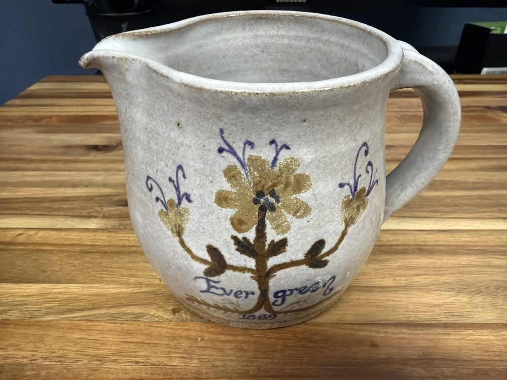 Handmade Stoneware Pottery Pitcher Evergreen Floral 1989 Signed