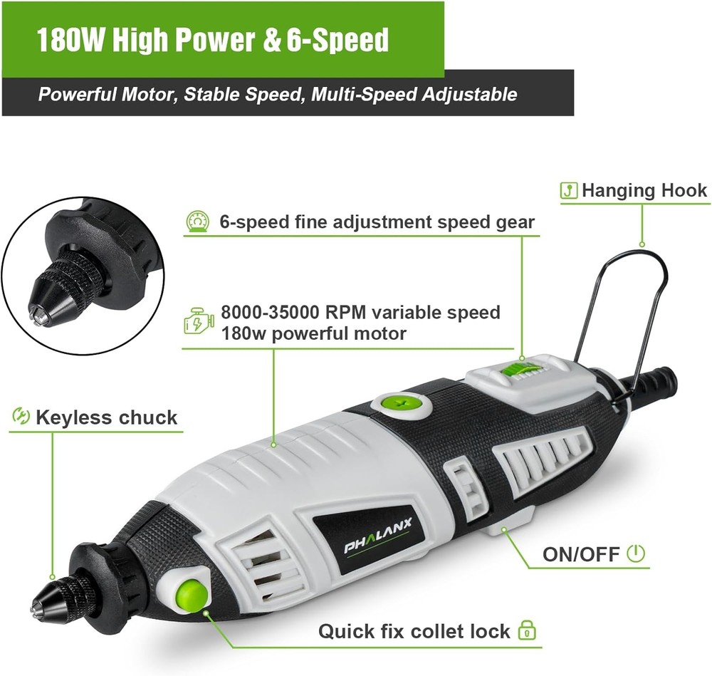 180W Rotary Tool Kit, 1.5-Amp 6 Variable Speed 213pcs