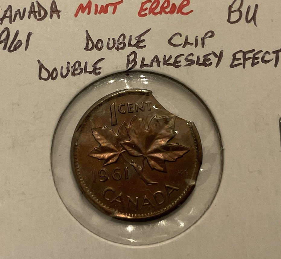 Canada 1c Cent - Error - DOUBLE Clipped Planchet 1961 UNC