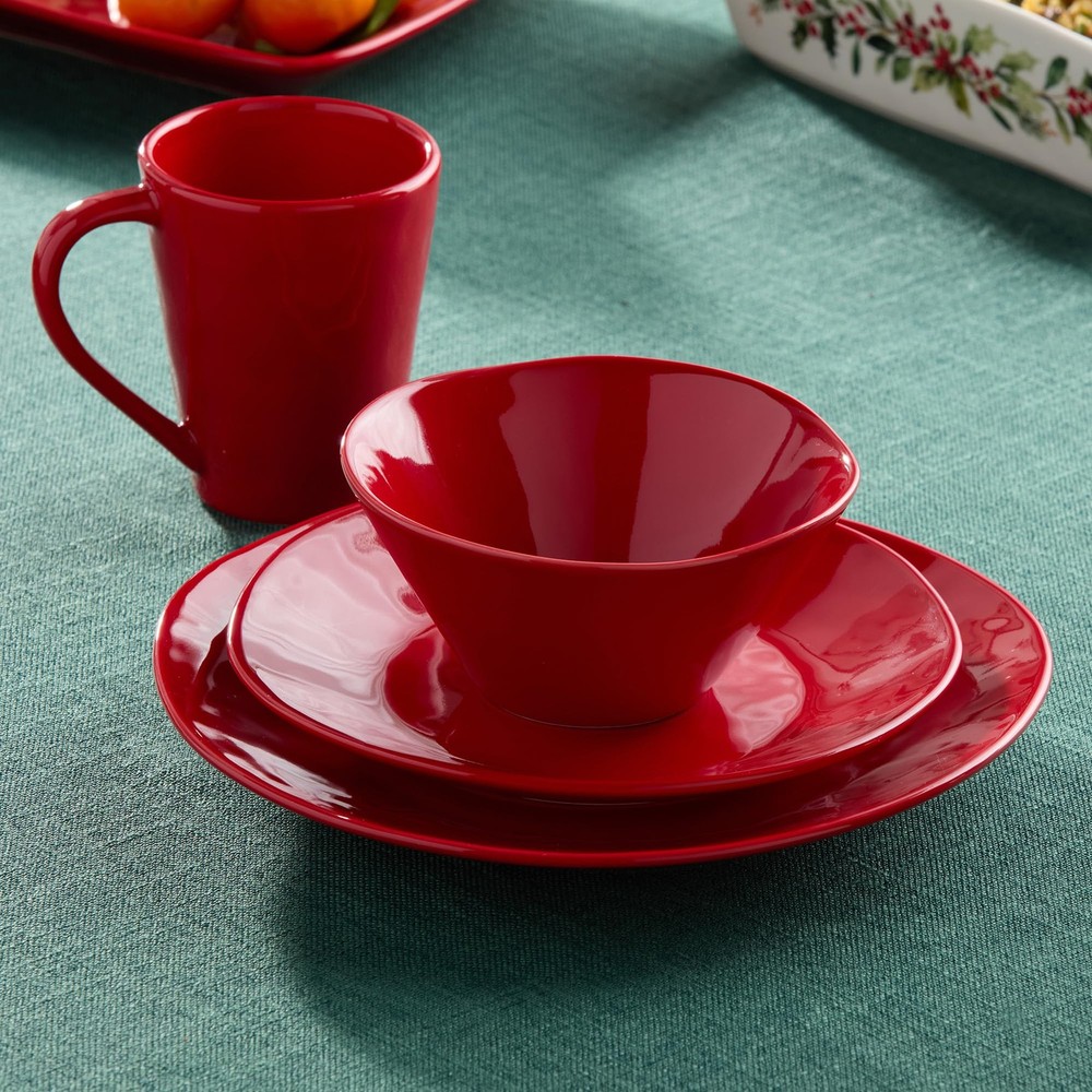 Berry Red Christmas 16pc Dinnerware Set, Stoneware Holiday Tableware Service ...