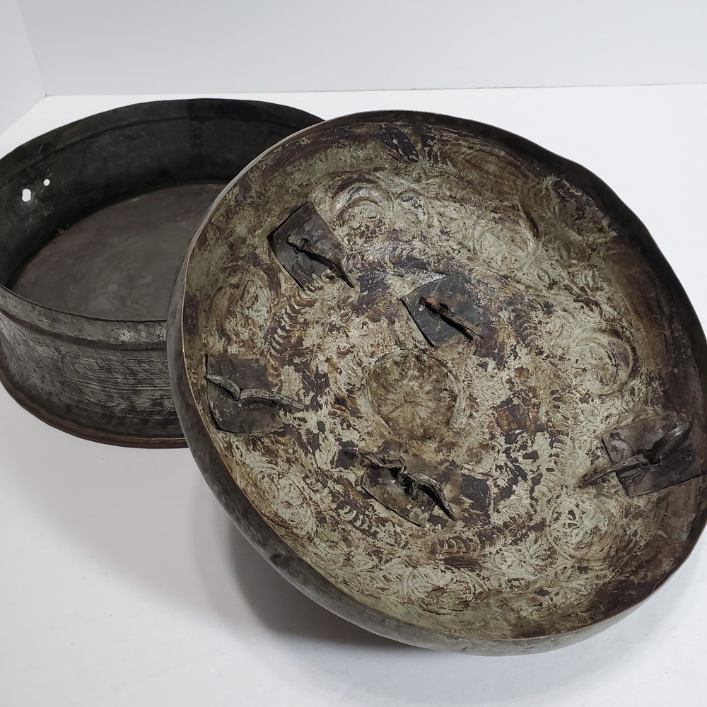 Antique Copper Indian Chapati Box Hand Made Rustic Hardware 9.5" Diameter