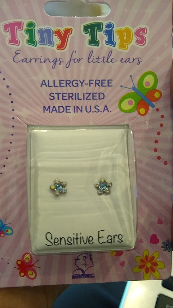 STUDEX Tiny Tips Stainless Steel Daisy Aquamarine Earrings for Sensitive Ears