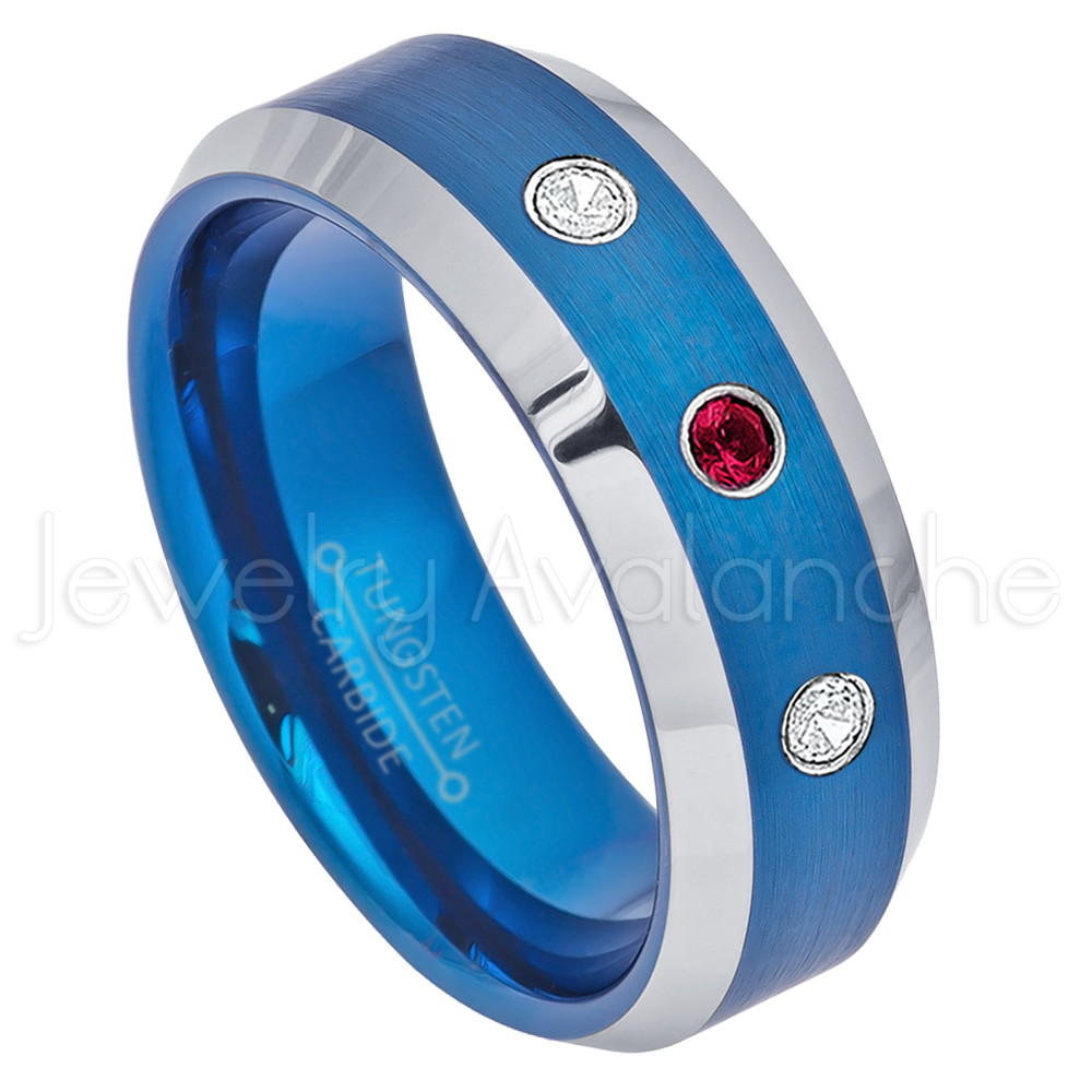 Tungsten Ring, 0.21ctw Ruby & Diamond 3-Stone Ring, July Birthstone Ring #692