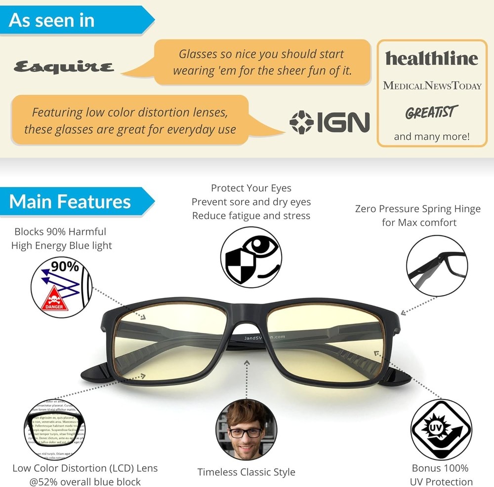 Vision Blue Light Blocking Glasses for Men Women | Computer Gaming Work| Anti...