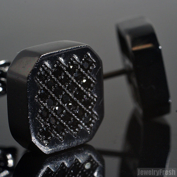 Black Finish Hexagon Micro Pave CZ Stud Earrings For Men