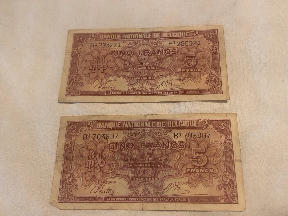 B488 - 2 - 1943 Belgium - 5 Franc Notes WWII Era - Circulated
