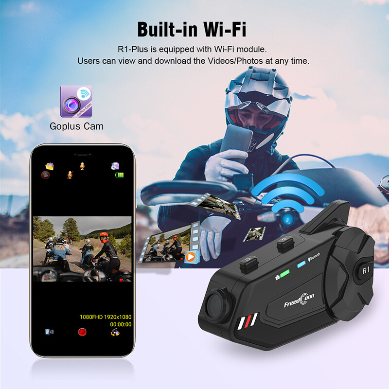 Bluetooth Motorcycle Intercom Headset Communication Camera Helmet Kit R1 Plus