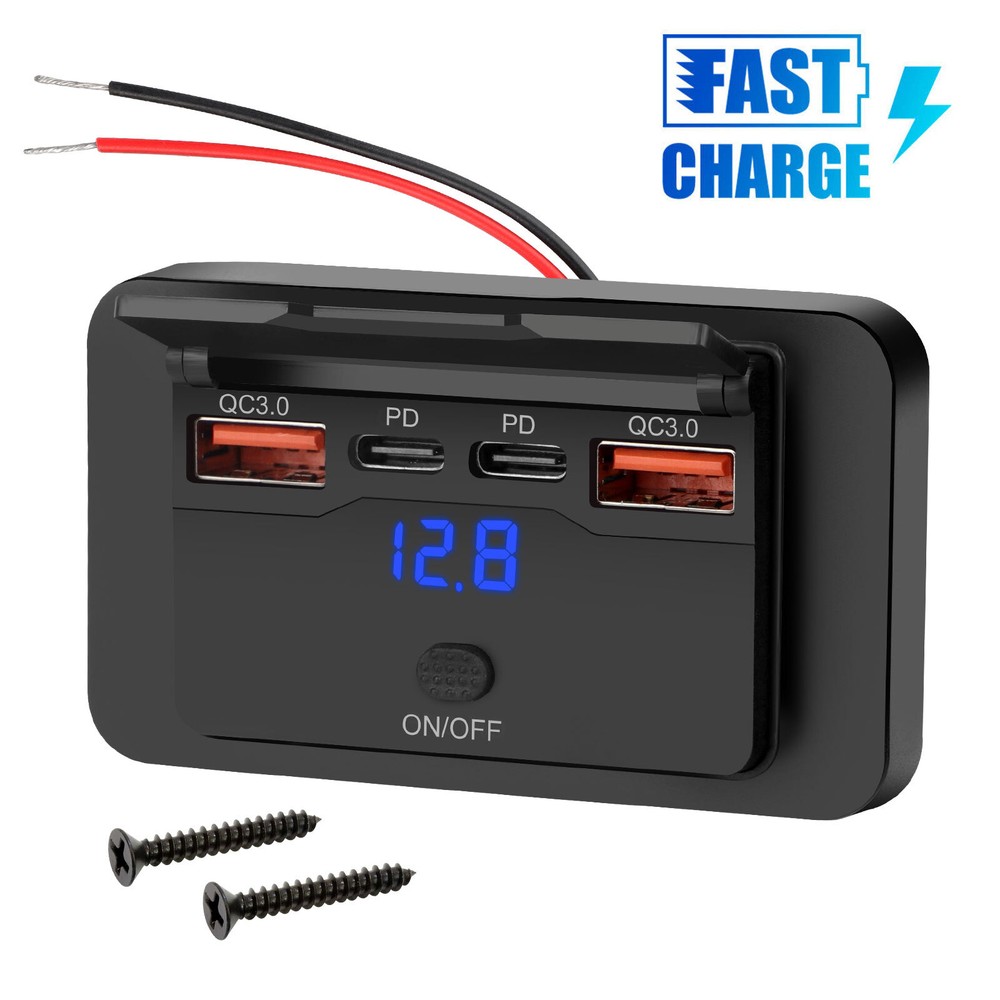 12-24V QC3.0 & PD USB Fast Charger Socket Panel Car Power Outlet LED Voltmeter