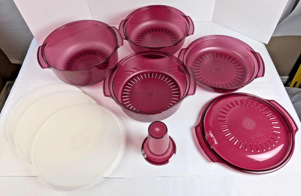 Tupperware Microwave Steamer Stack Cooker 9 Pc Set Cranberry Chimney Complete