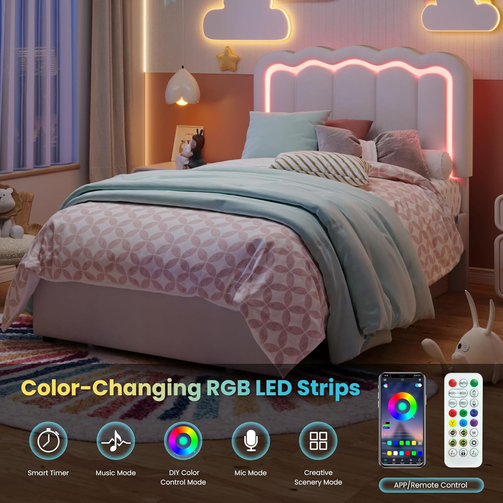 SHA CERLIN Upholstered Twin Size Bed Frame with LED Lights and Large Storage Dra