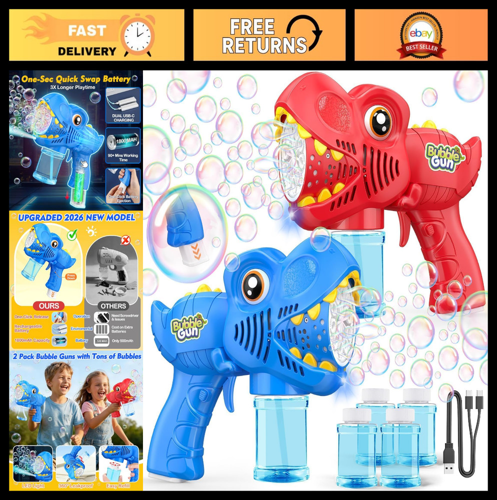 Rechargeable Bubble Machine Gun 2 Pack - Kids Outdoor Toy with 4 Bubble Solution
