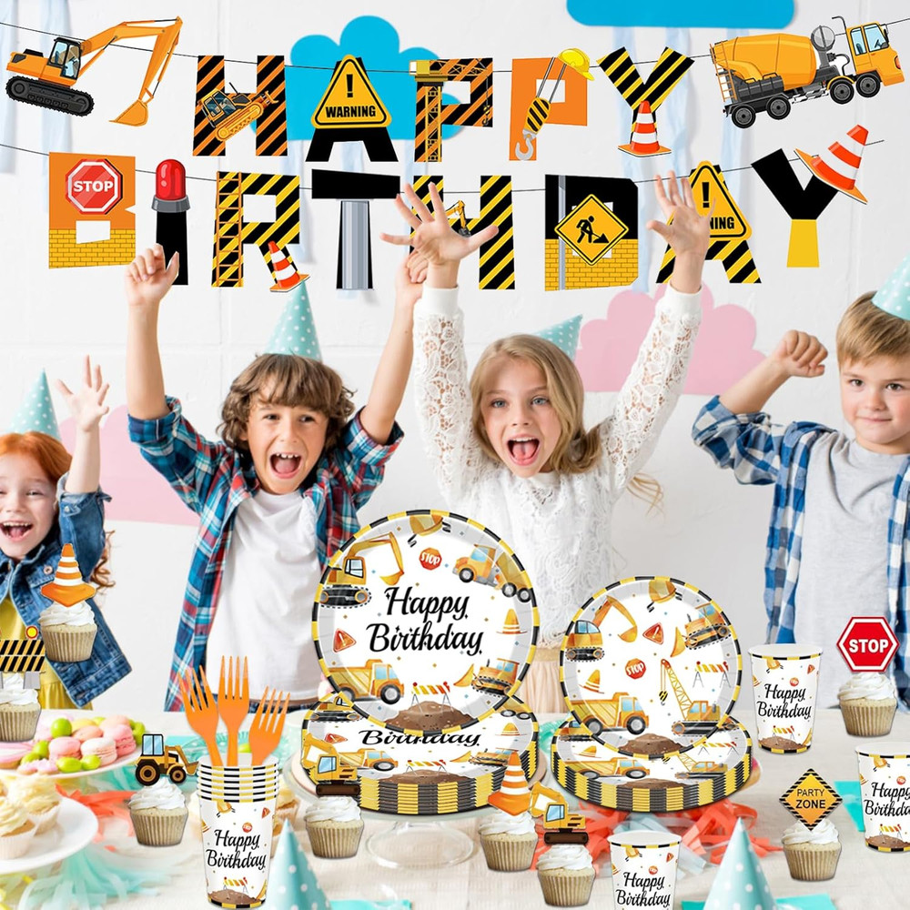 Construction Birthday Party Supplies for 24 Guests - Decorations Include Plates,
