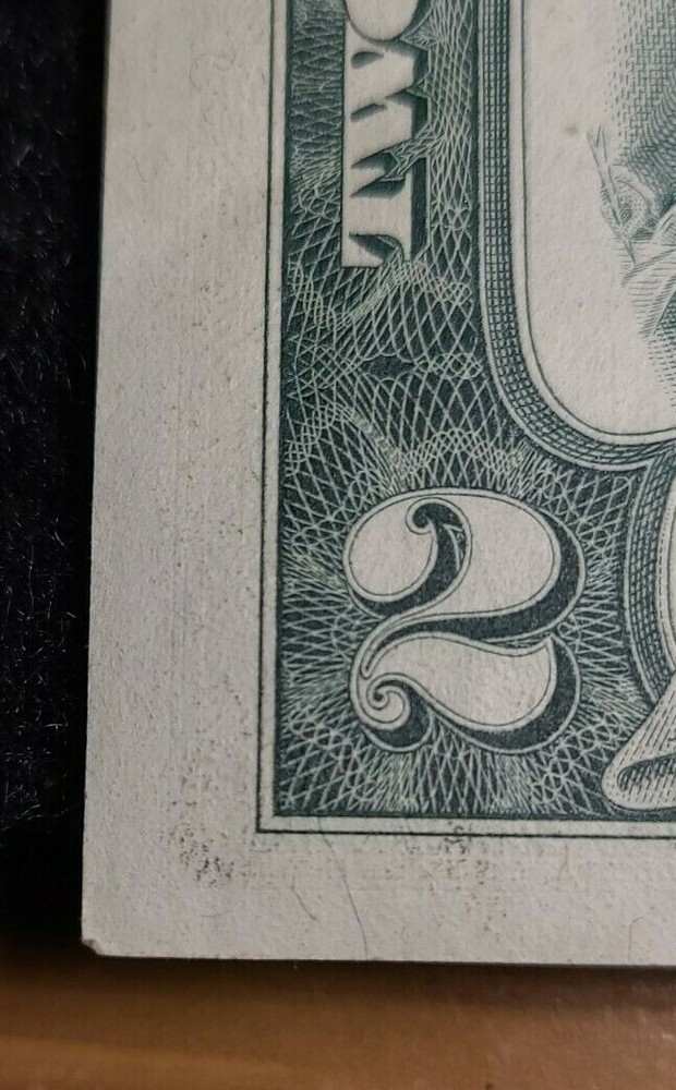 1976 $2 note alignment Shift over-inking error AU [almost uncirculated] folds