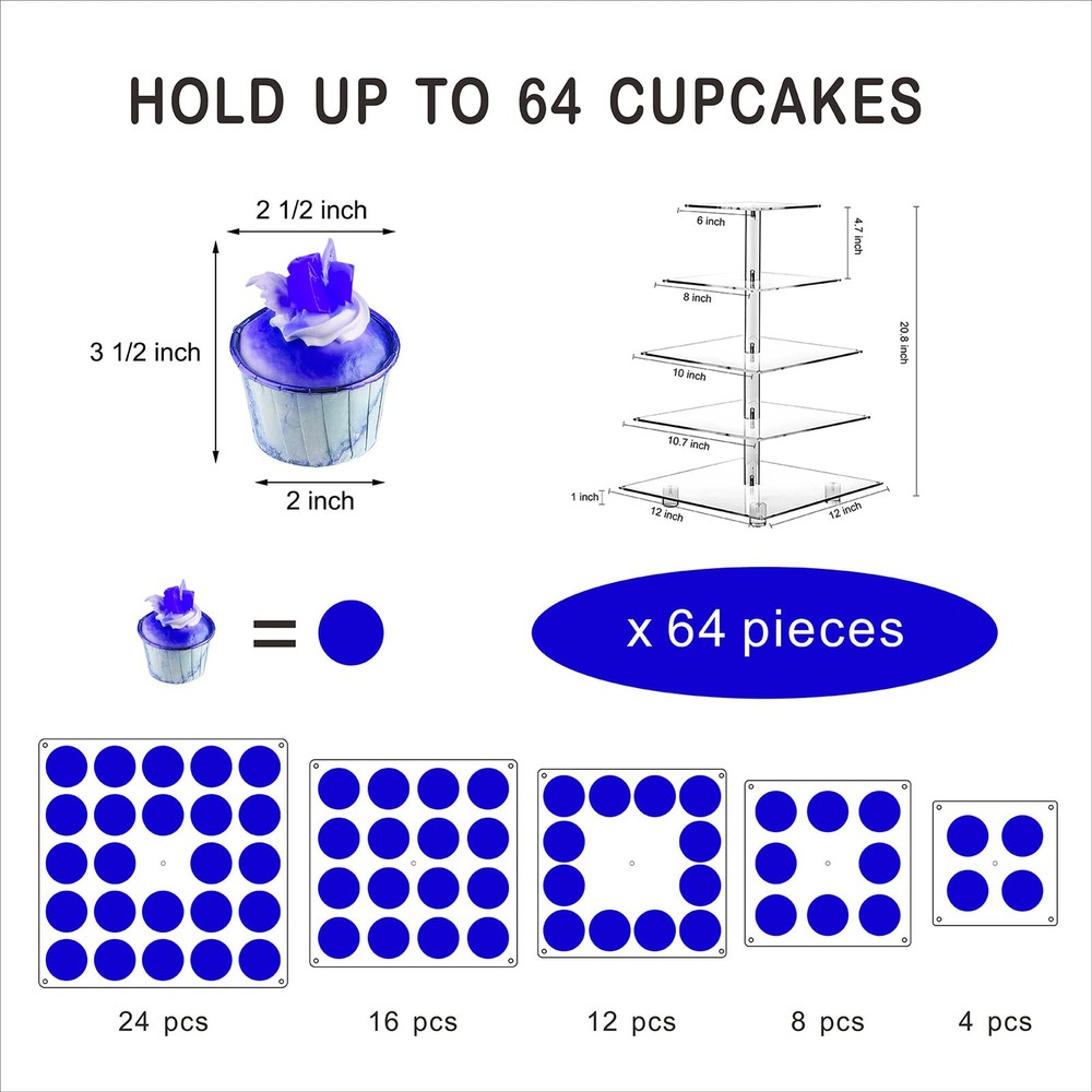 Cupcake Stand, 5-Tier Square Cupcake Holder with LED Light String, Acrylic Cu...