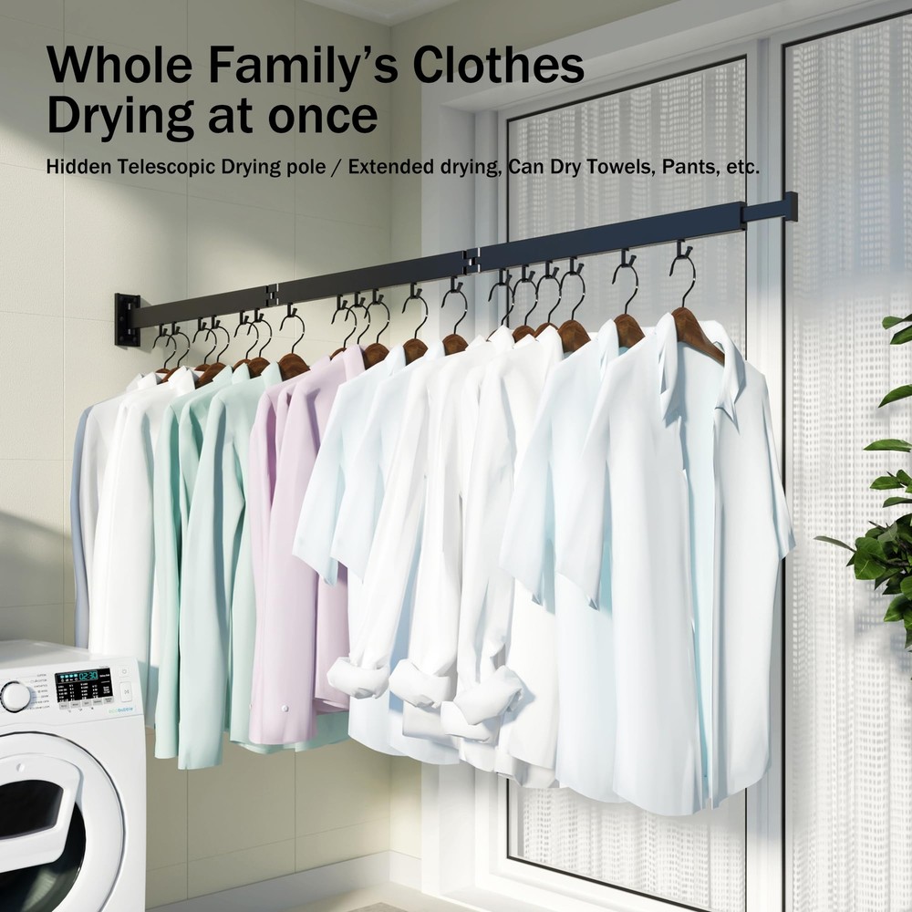 Wall Mounted Retractable Clothes Drying Rack Folding J Shape Hooks for Laundry