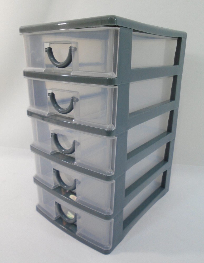 5 Drawer Mini Storage Stackable Desktop Organizer Unit Gray / Clear Plastic