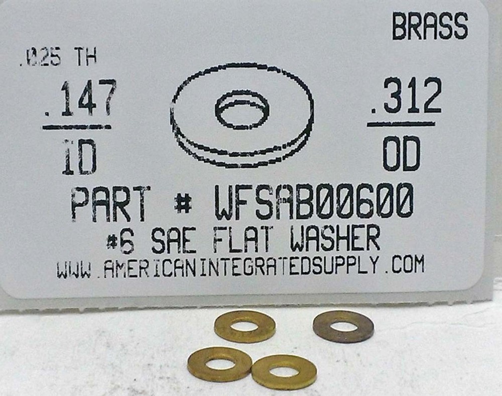 #6S Flat Washers Solid Brass .147"IDx.312"OD (100)