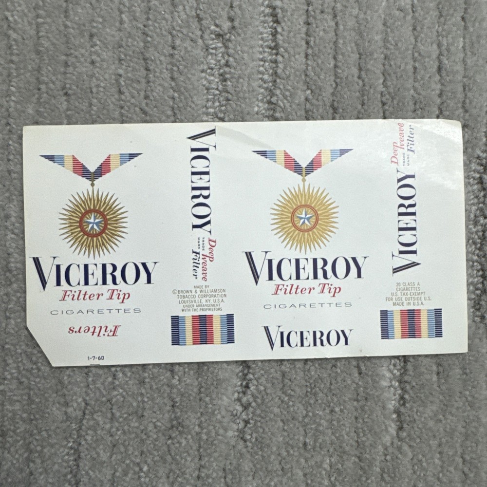 VINTAGE Viceroy Filter Tip Cigarette Label For Export NOS Pre-Warning