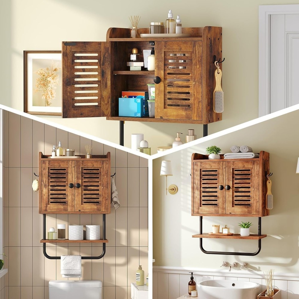Bathroom Wall Cabinet, Double Doors Cabinet with Towel Bar, Rustic Brown