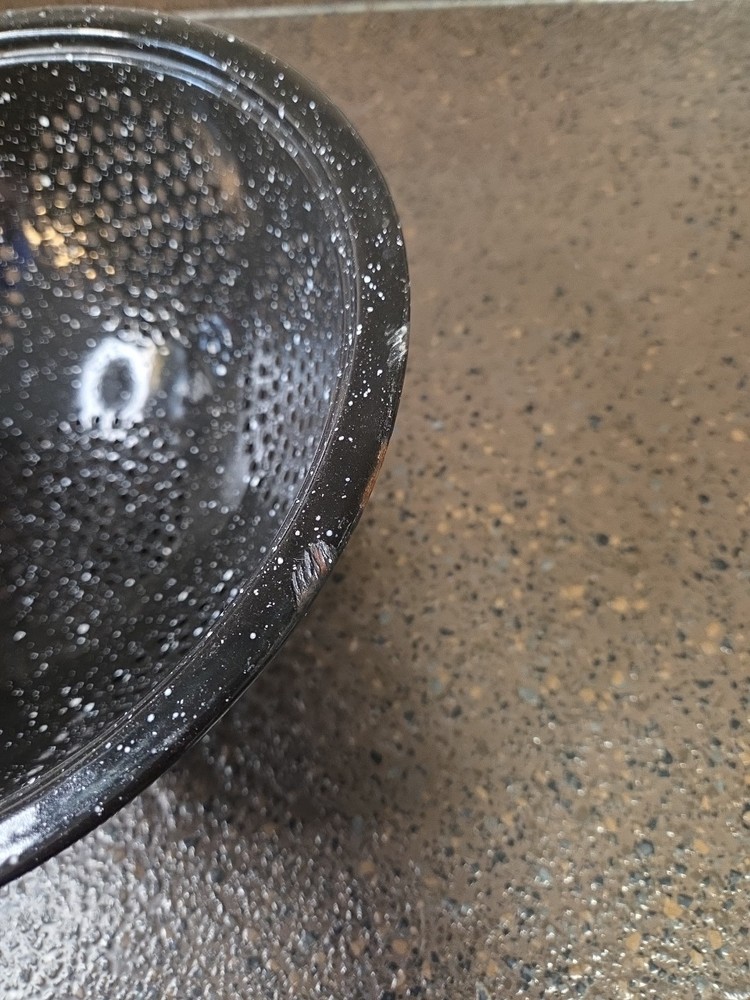 Vintage Enamelware Footed Colander Strainer Black White Speckled Primitive 9.5”