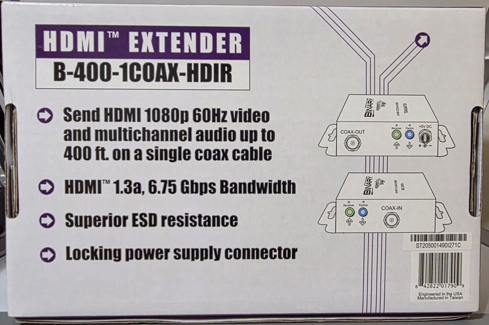 Binary B-400-1COAX-HDIR HDMI over Coax Extender Kit (Transmitter & Receiver) NEW
