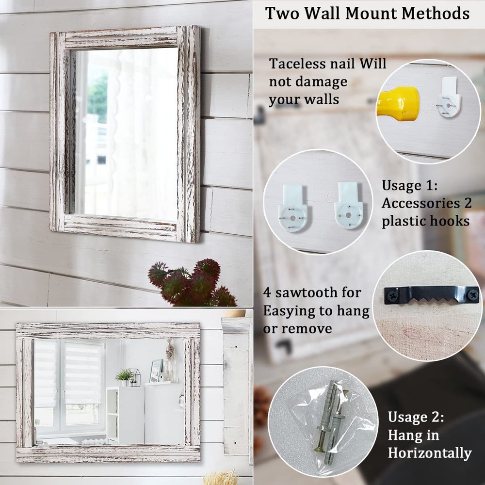 Rustic Mirror Wood Framed Wall Mirror 20"x16" Rectangle Decorative Bedroom Ba...