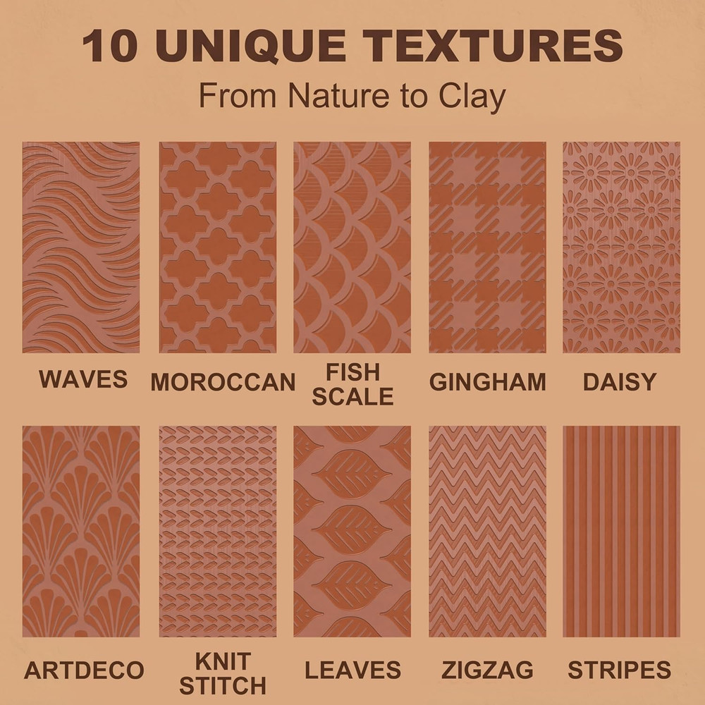 Clay Texture Rollers | 10-Pack Polymer Clay Texture Roller Set for Pottery & Cra
