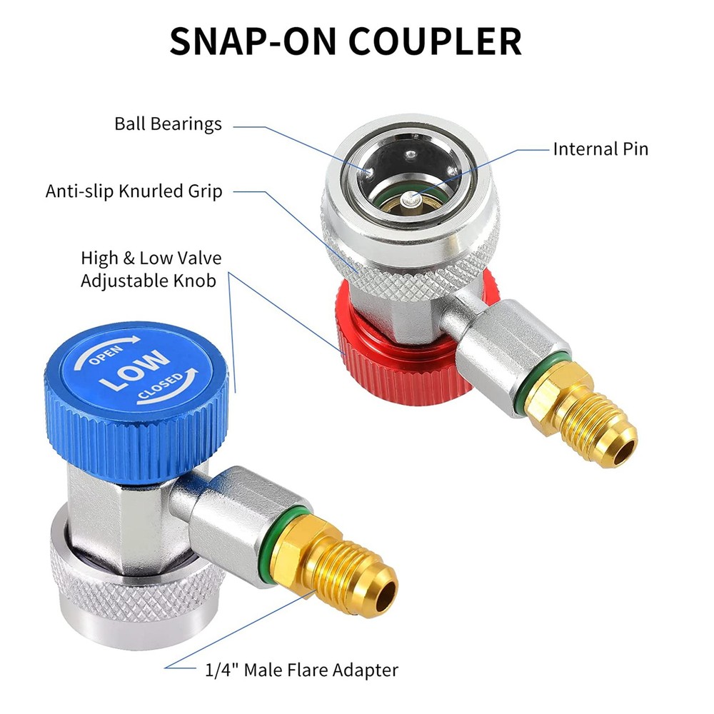 R134A Quick Coupler Adapter & 1/4" Flare Fitting, Adjustable HP & LP Connector