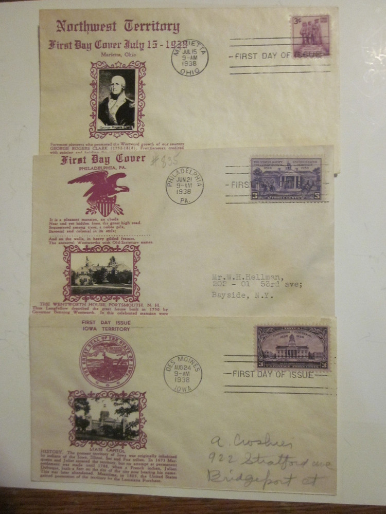 3 DIFF. US COVER 1938 FIRST DAY COVERS SCOTT 838 837 835 CROSBY CACHETS