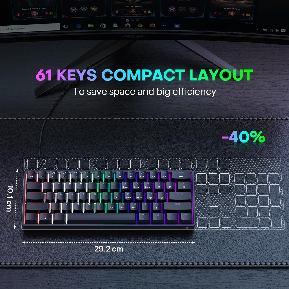 TECURS 60% Compact Mechanical Keyboard for Mac/Windows/PC, Ideal Black