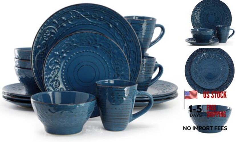 Malibu Deep Ocean-Piece Stoneware Embossed Pattern Reactive Deep Ocean Blue 16
