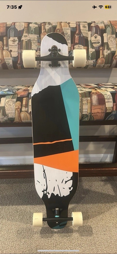Drop Through Longboard with Abstract Graphic Deck and White Wheels