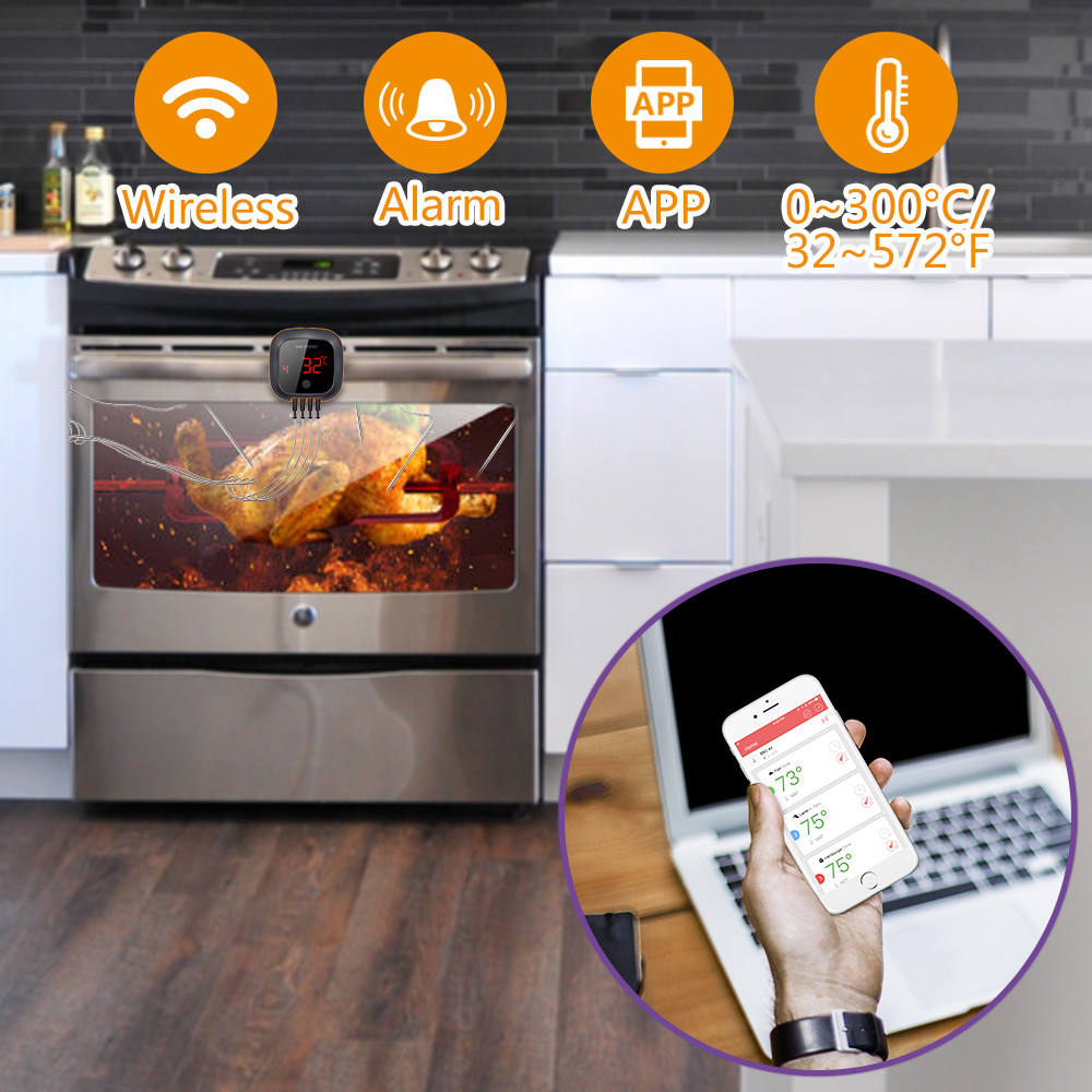 Rechargeable Bluetooth BBQ Thermometer Wireless Cooking Meat Sensor 2/4 Probe US