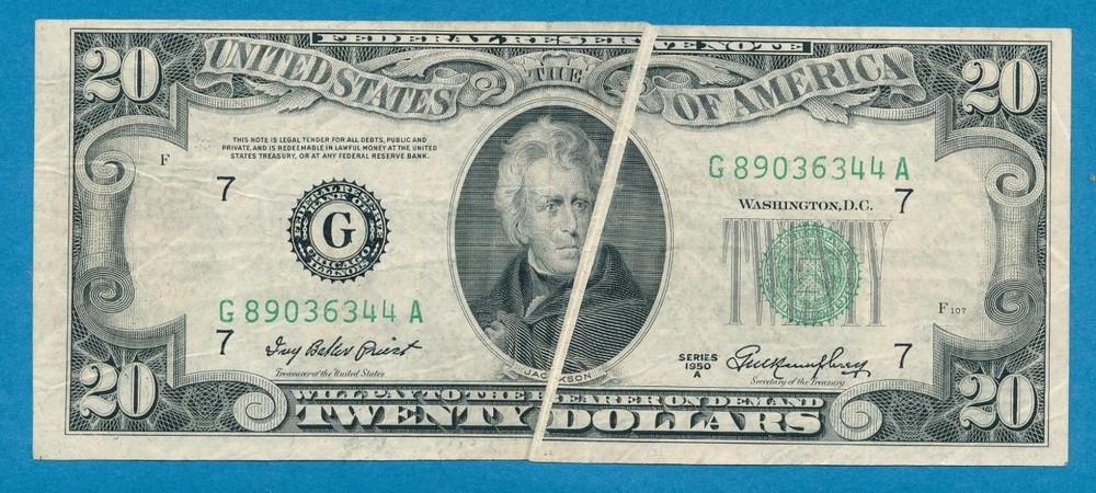 $20. 1950-A  CHICAGO DISTRICT,  GUTTER ON FACE +  MISALIGNED REVERSE ERROR