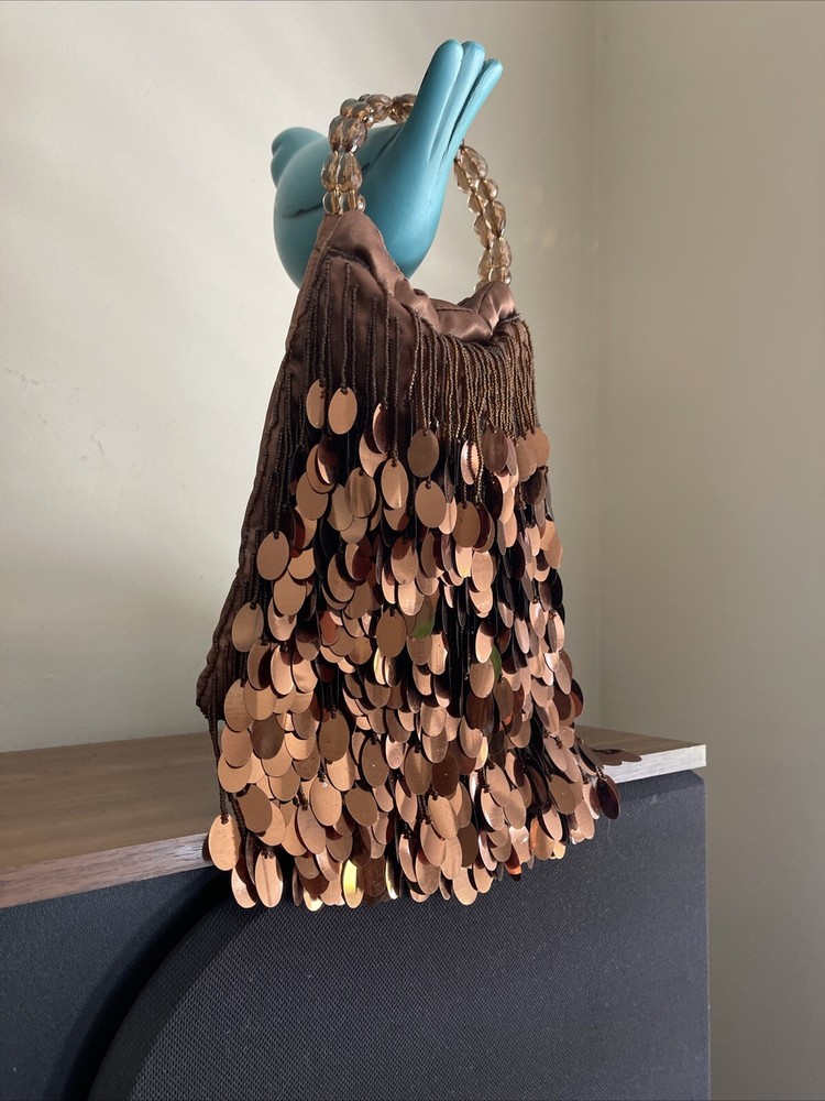 Beaded Handles Sequins Bronze Hobo Boho Evening Purse Handbag