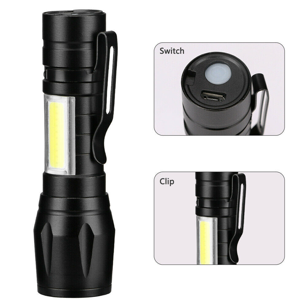2 Pack Tactical LED Flashlight USB Rechargeable 3Modes Light Zoomable Lamp Torch