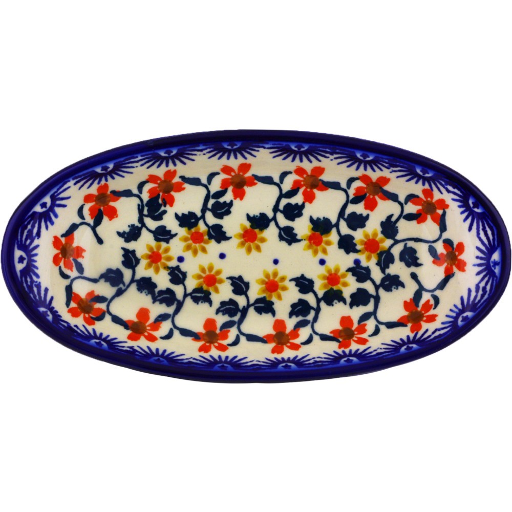Polish Pottery Condiment Dish 6" Red Sunflower