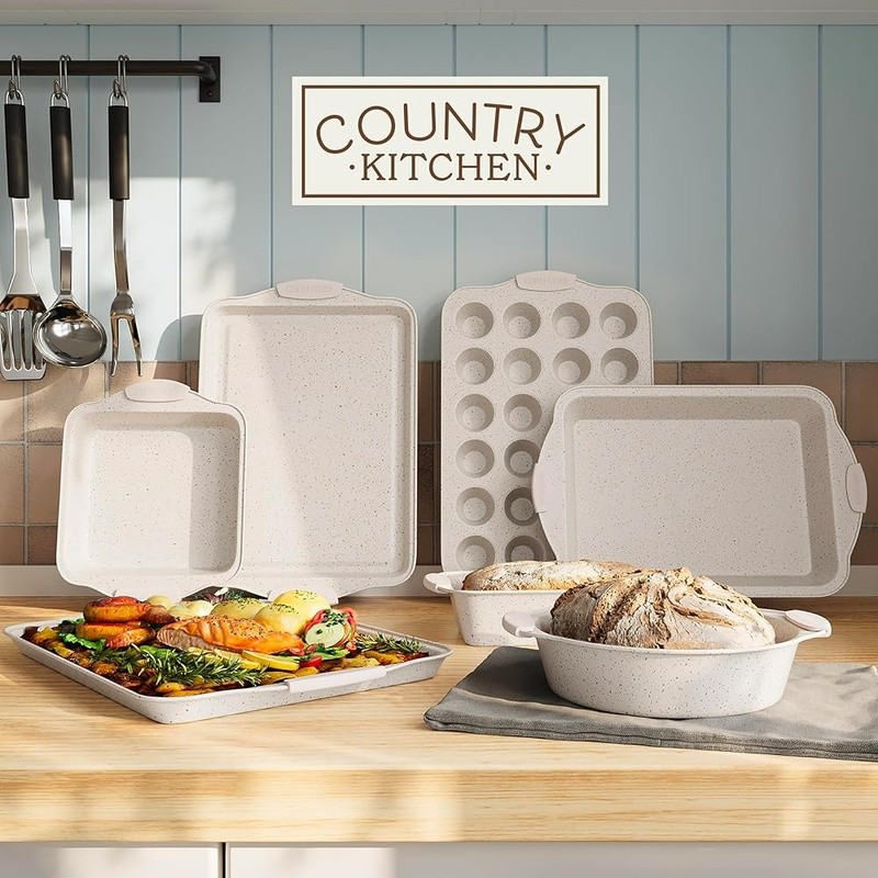 Stackable Nonstick Bakeware Set W/ Silicone Handles 10 Piece Nesting Pans New