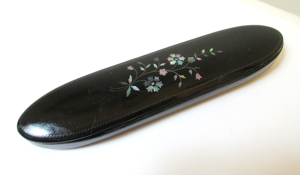 Antique Papier Mache Spectacles Case Abalone Flowers