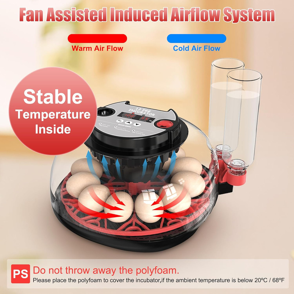 12 Egg Incubator with Temperature Control, Humidity Display, Automatic Egg Turne