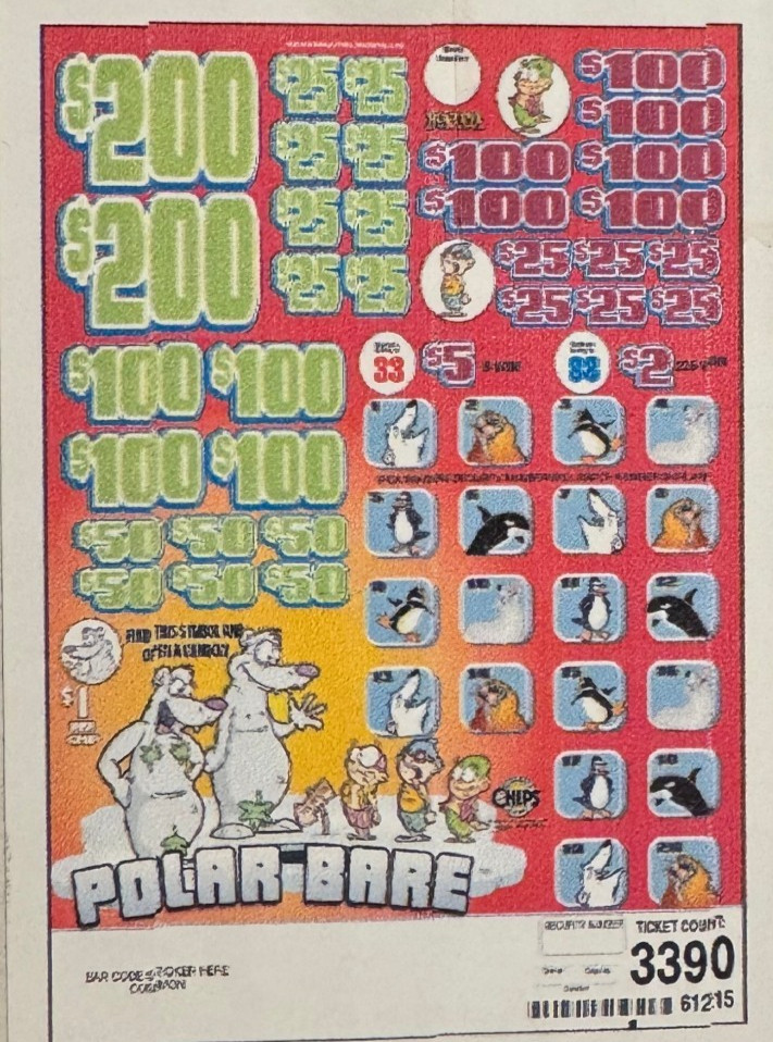Pull Tab Tickets - Chip - Game - Pick Board - Polar Bear - 3,390 ct