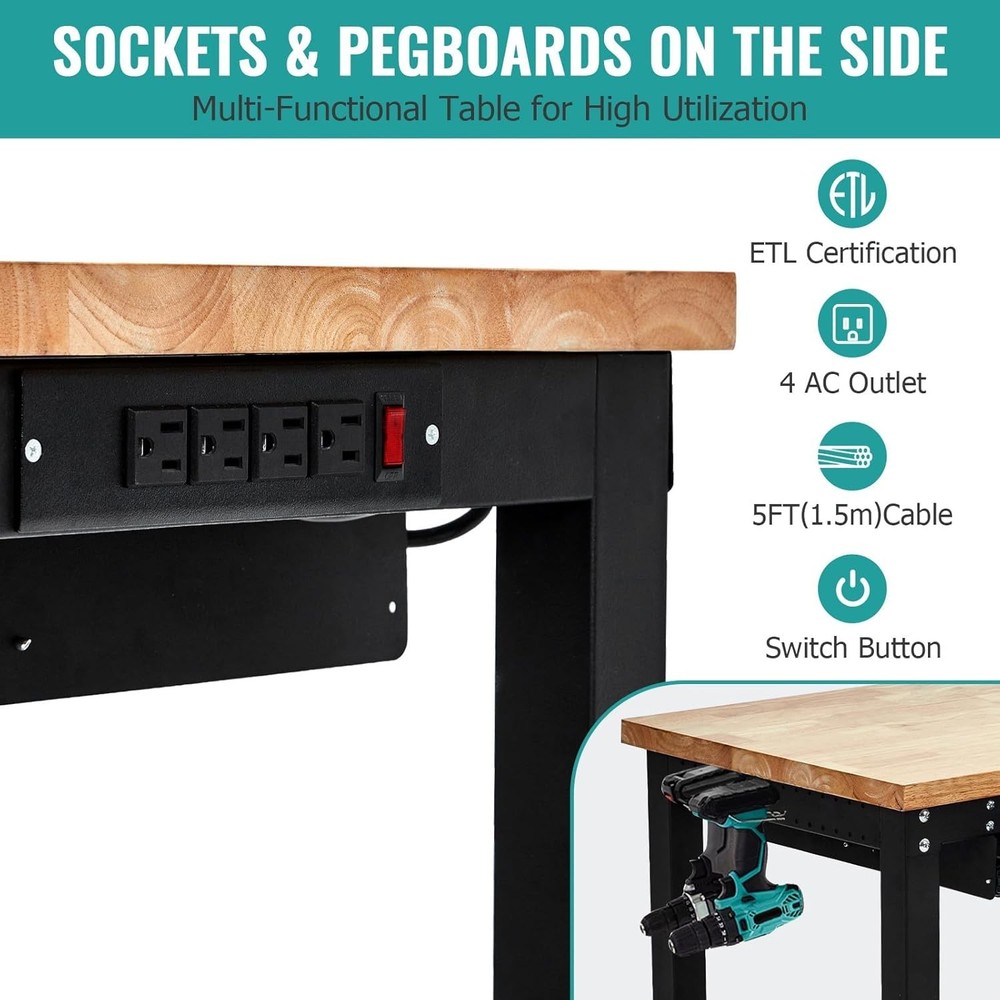 60-Inch Workbench with Power Outlets & Pegboard & Drawers Adjustable Work Table