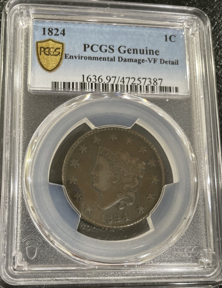 1824 Coronet Head Large Cent PCGS VF Detail Environmental Damage